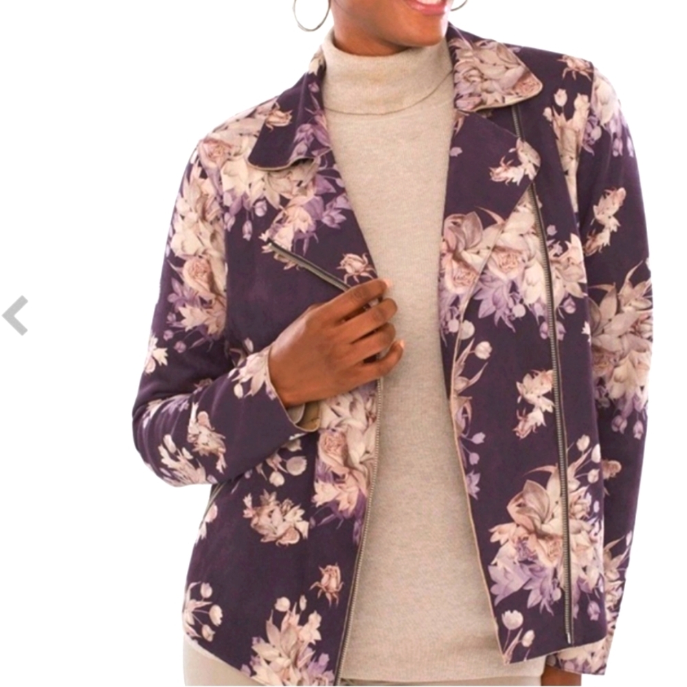 Chico's Women's 1 Floral Faux Suede Moto Jacket NEW